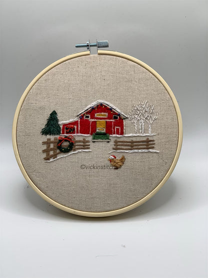 Christmas Barn embroidery kit for beginners. Barn, pickup truck, chicken holiday Embroidery Kit
