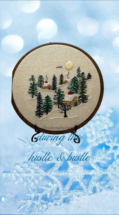 Christmas cabin in the woods embroidery kit for beginners. Winter cabins forest  Embroidery Kit