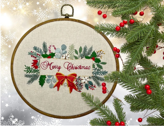 Merry Christmas Holly sign embroidery kit for beginners, Holly, evergreen, berries , Christmas floral design for embroidery