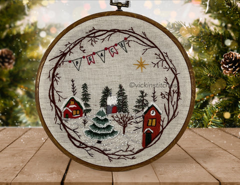 winter Christmas Village  wreath  Embroidery Design Pattern pdf download . Holiday