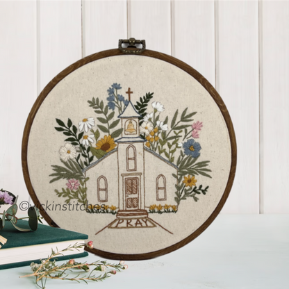 8” Floral Church  Christian Embroidery Kit for beginners