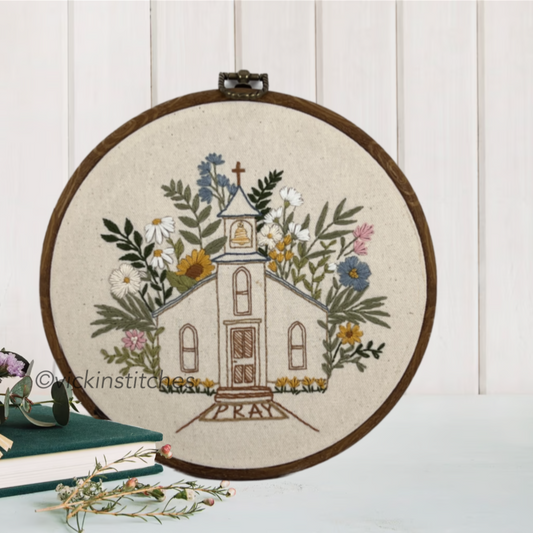8” Floral Church  Christian Embroidery Kit for beginners
