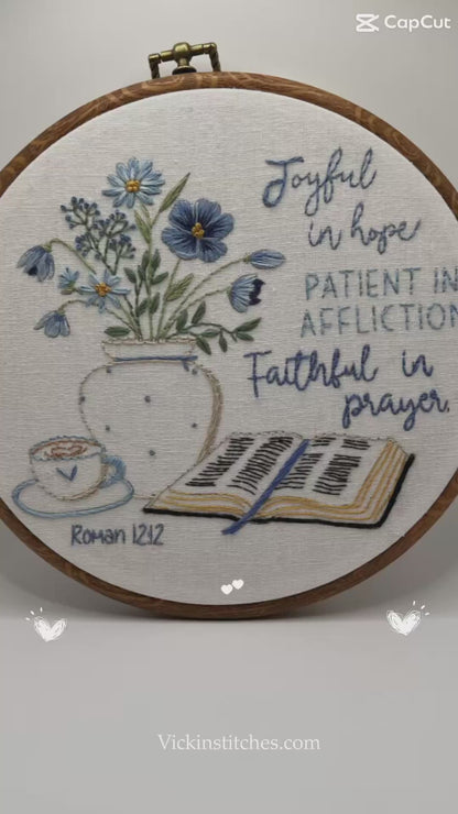 Christian scripture blue  floral embroidery kit for beginners. Faithful in prayer. Romans.  embroidery wall decor  Psalm embroidery kit.