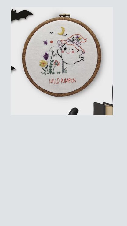 Hello Pumpkin Halloween Embroidery Pattern– 6” Ghost Witch Hat DIY Fall Craft | Beginner Friendly Modern Hand Embroidery for October Decor