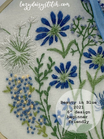 8”  Blue Flowers Hand Embroidery PDF Pattern download