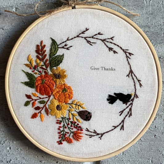 6" Autumn Wreath Floral Pumpkin Embroidery Kit