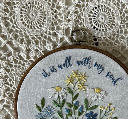 It’s is well with my soul Embroidery kit in blues. Field of flowers in  blue.