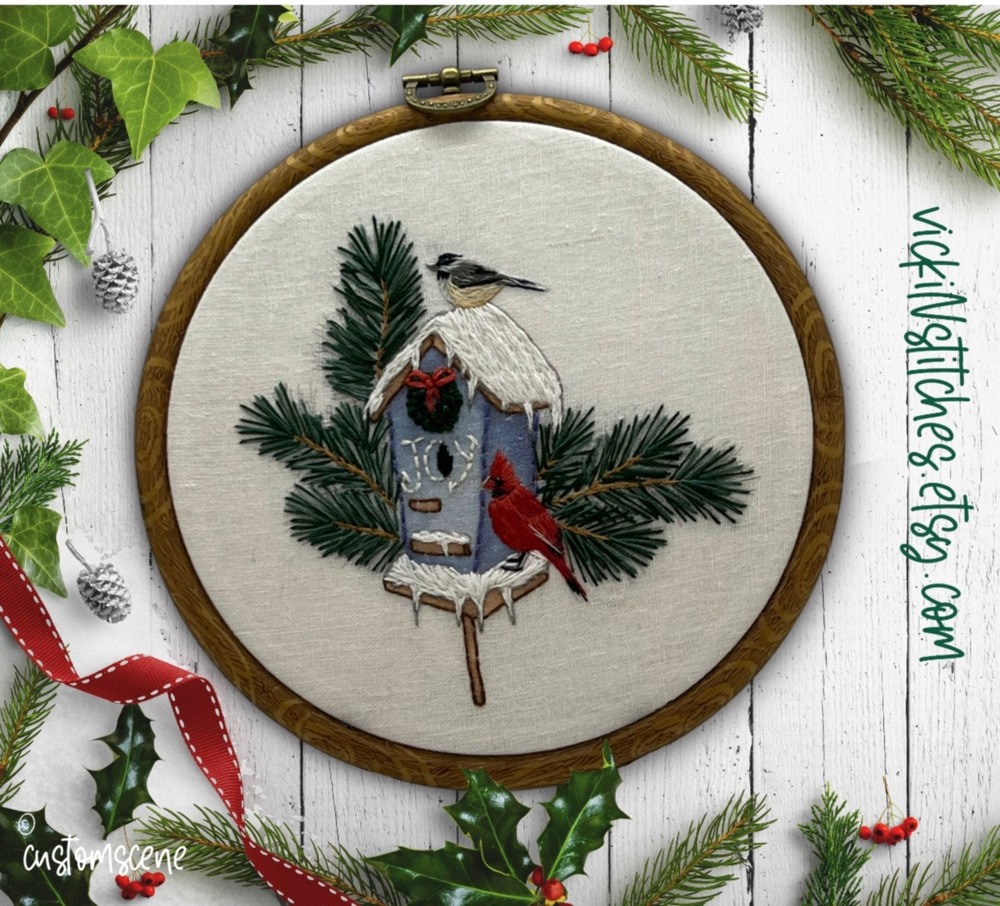 6" Christmas Winter Birdhouse with Cardinal Embroidery Kit