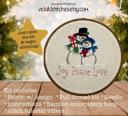 8" Snowman Couple 'Joy Peace Love' Embroidery Kit