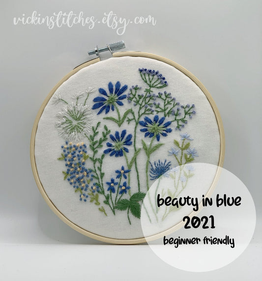 6" Blue Flowers Hand Embroidery PDF Pattern