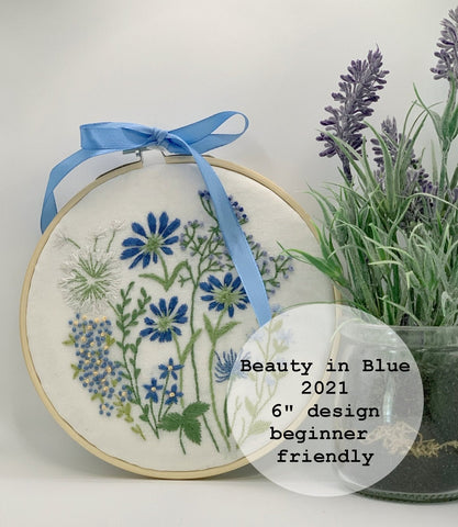 8”  Blue Flowers Hand Embroidery PDF Pattern download