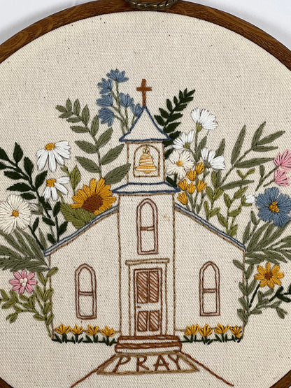 8" Church with Bouquet of Flowers & Pray Embroidery Pattern PDF Download