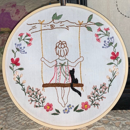 6" Girl on a Tree Swing with Cat Embroidery Kit