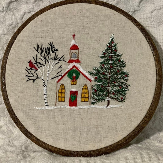 6" The Christmas Church in Winter, Cardinal Bird Embroidery Kit