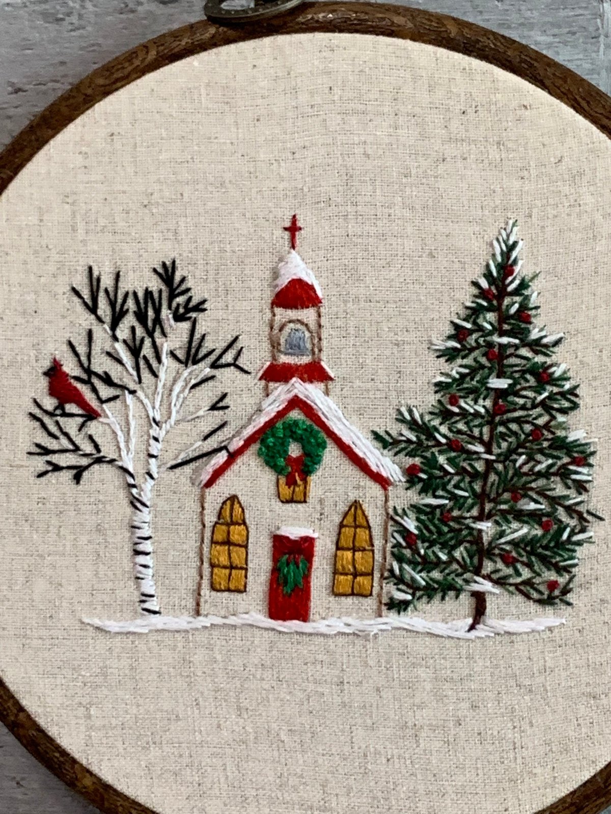 6" The Christmas Church in Winter, Cardinal Bird Embroidery Kit