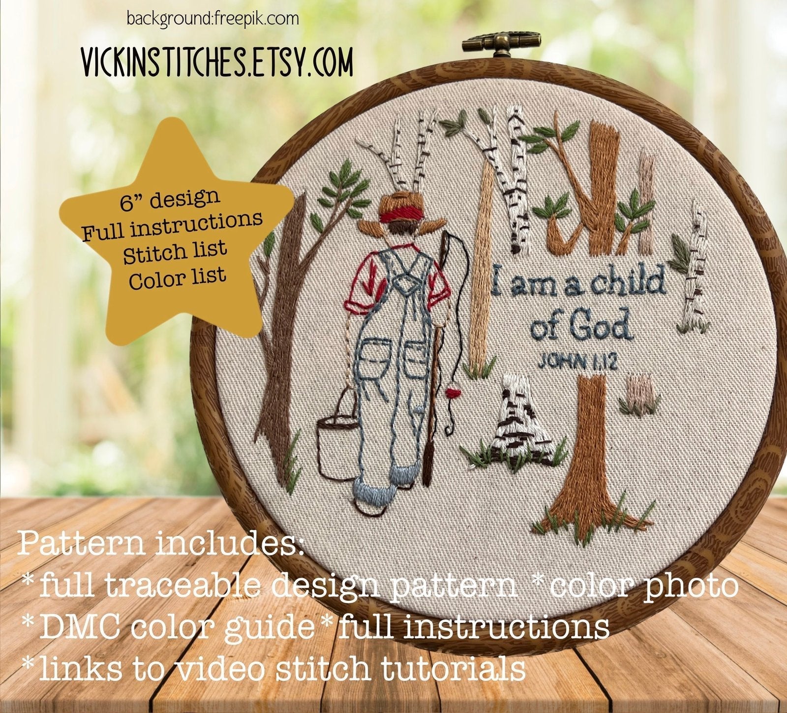 boy with fishing pole embroidery pattern 6" Child of God Boy Fishing in Nature Embroidery Design PDF download