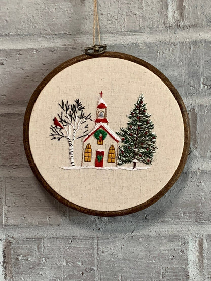 6" The Christmas Church in Winter, Cardinal Bird Embroidery Kit