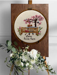 Love lives here, Lovers on a park bench Spring Pattern PDF hand embroidery