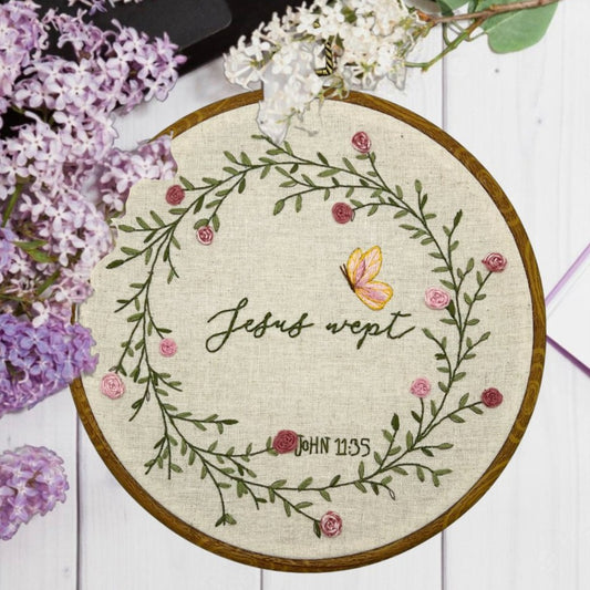 8" Jesus Wept Christian Wreath Hand Embroidery Kit