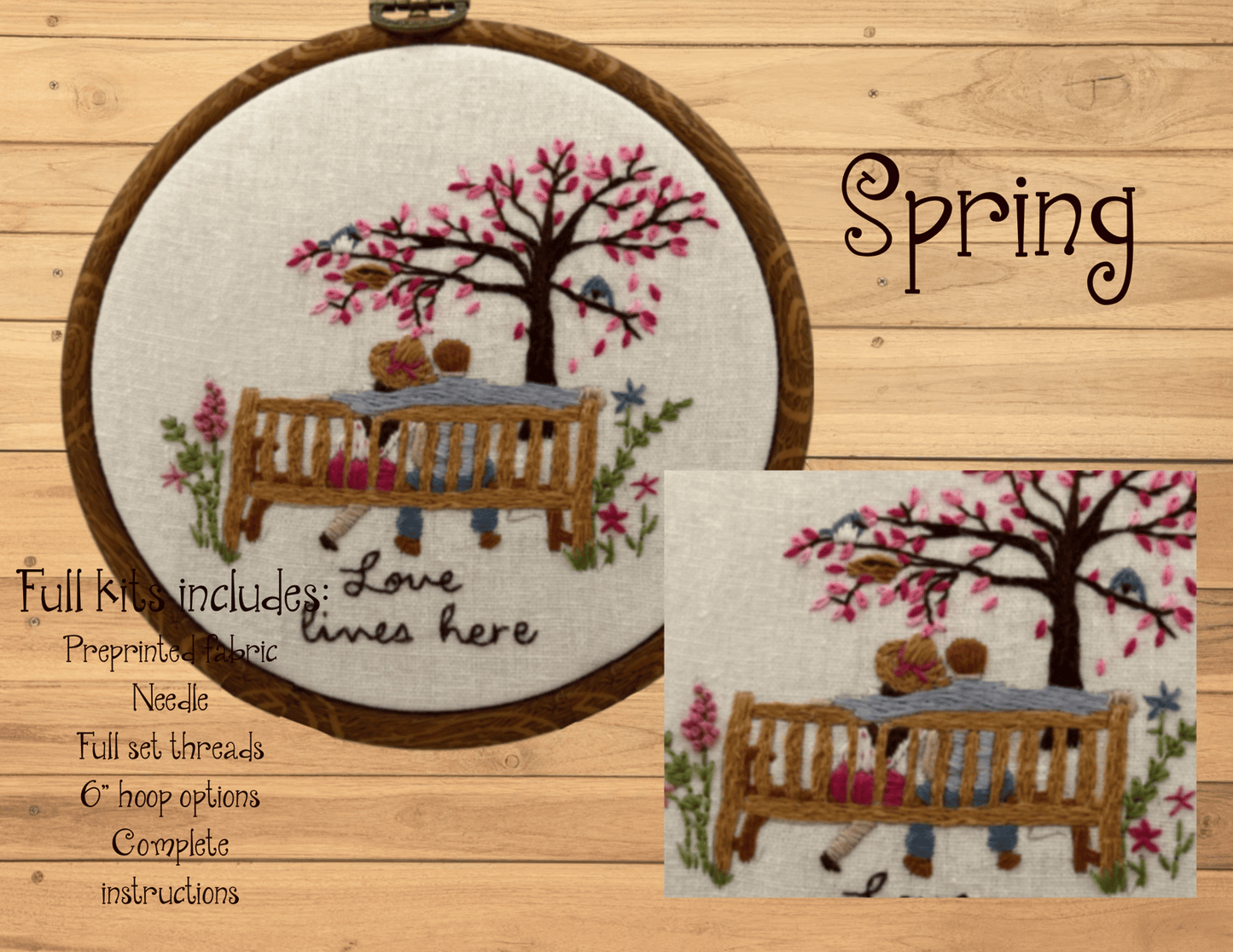 Love lives here, Lovers on a park bench Spring Pattern PDF hand embroidery