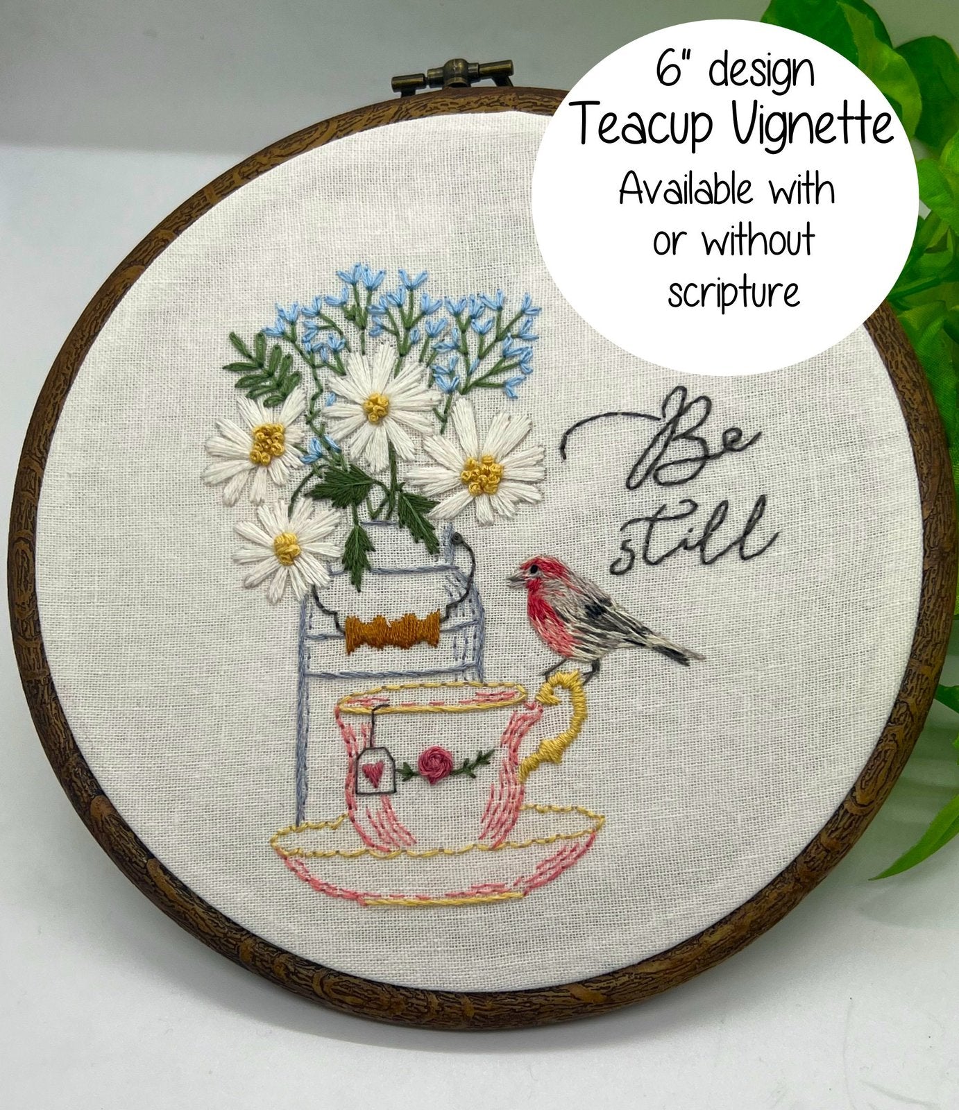 6" Bird and Teacup Floral 'Be Still' Embroidery Kit