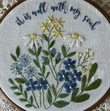 It’s is well with my soul Embroidery kit in blues. Field of flowers in  blue.