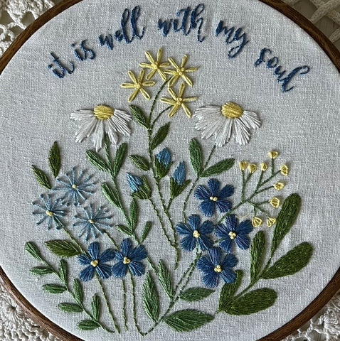 It’s is well with my soul Embroidery kit in blues. Field of flowers in  blue.