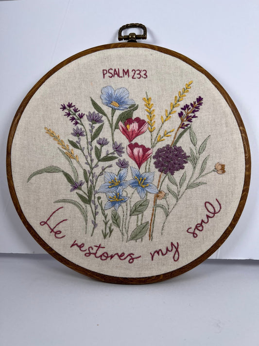 Psalm 23 - he restores my soul Christian wildflower embroidery kit in antique hues
