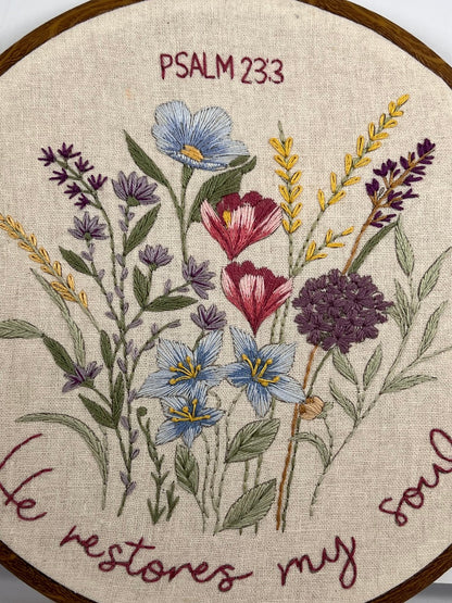 Psalm 23 - he restores my soul Christian wildflower embroidery kit in antique hues