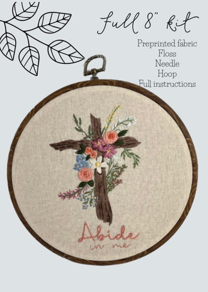 8” Abide, Rustic Cross Old Rugged Christian Cross Embroidery kit