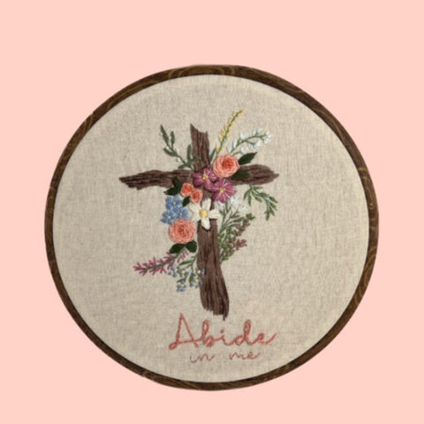 8” Abide, Rustic Cross Old Rugged Christian Cross Embroidery kit