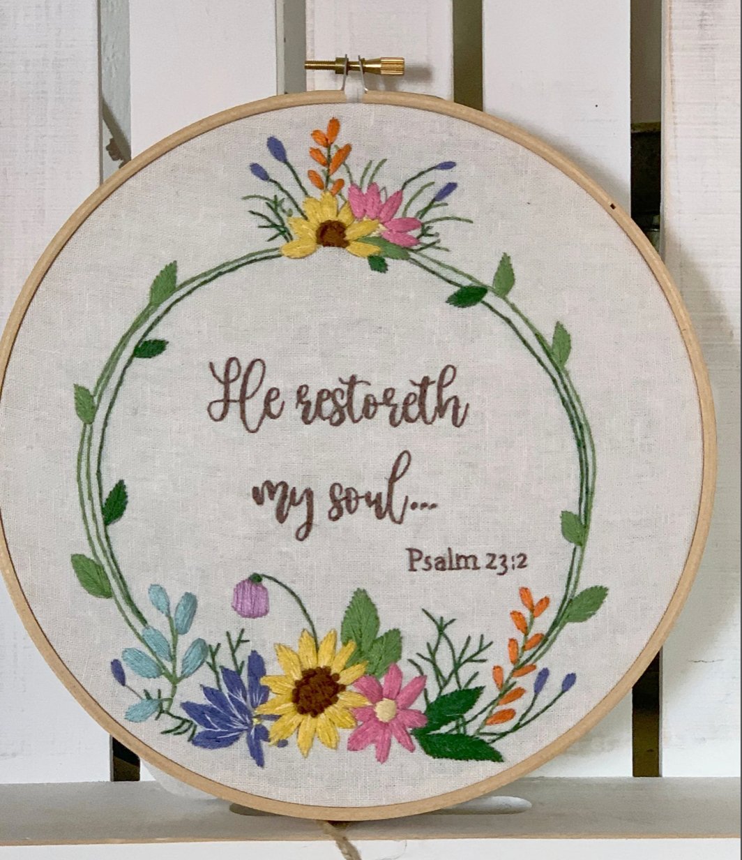 Psalm23 He restores my soul - Christian Wildflower Embroidery Pattern PDF download