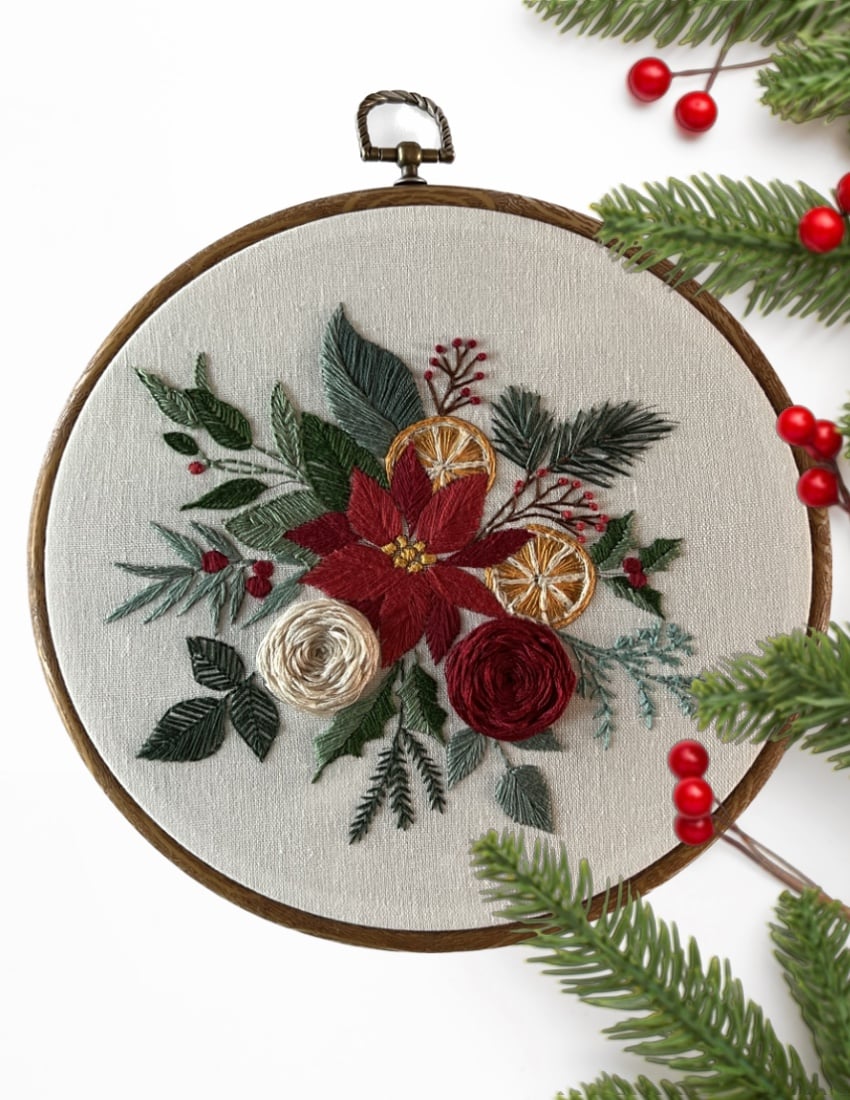 8" Christmas Floral Bouquet with Roses Embroidery Kit