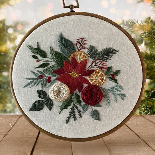 8" Christmas Floral Bouquet with Roses Embroidery Kit