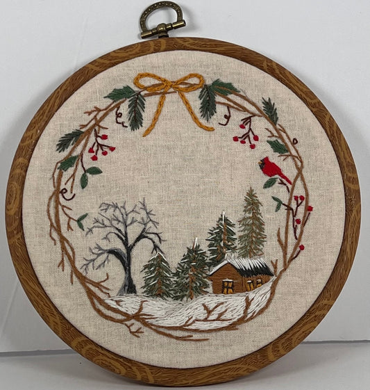 8" Christmas Cabin in the Snowy Woods Wreath Embroidery Kit