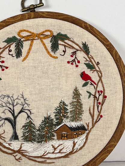 8" Christmas Cabin in the Snowy Woods Wreath Embroidery Kit